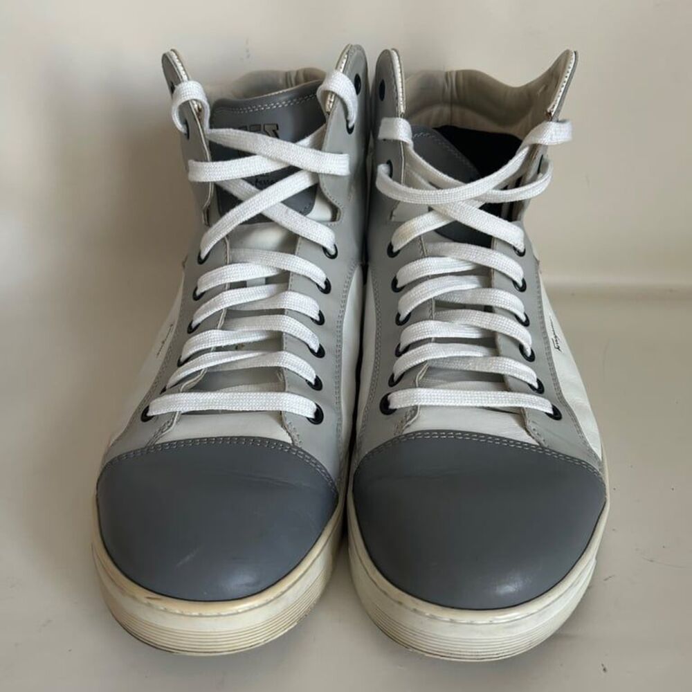 Salvatore Ferragamo Gancini High Top Sneakers Leather Gray White Mens Size 11 D